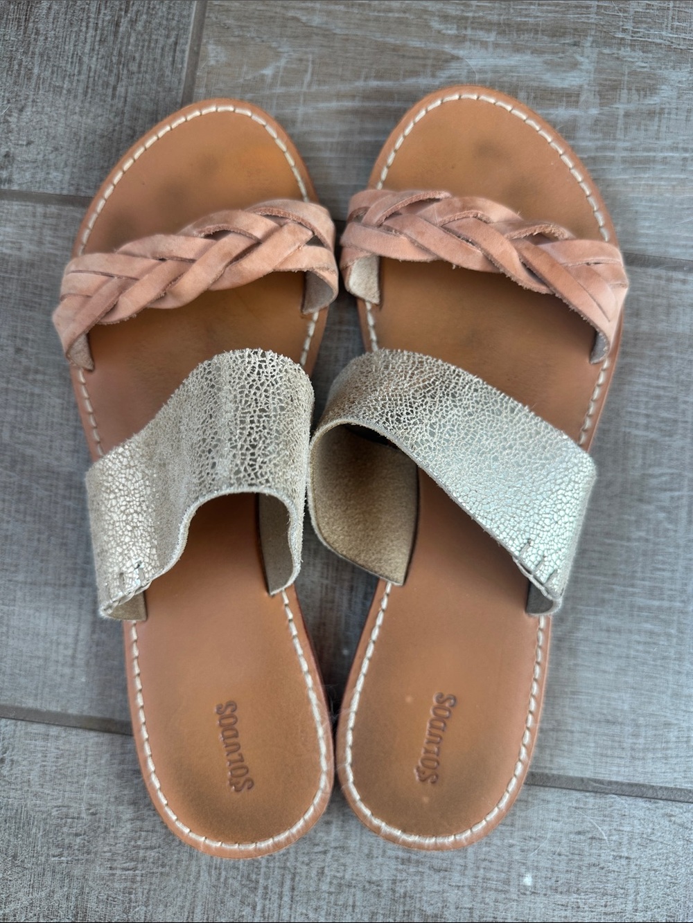 Soludos Braided Tan and Gold Metallic Sandals